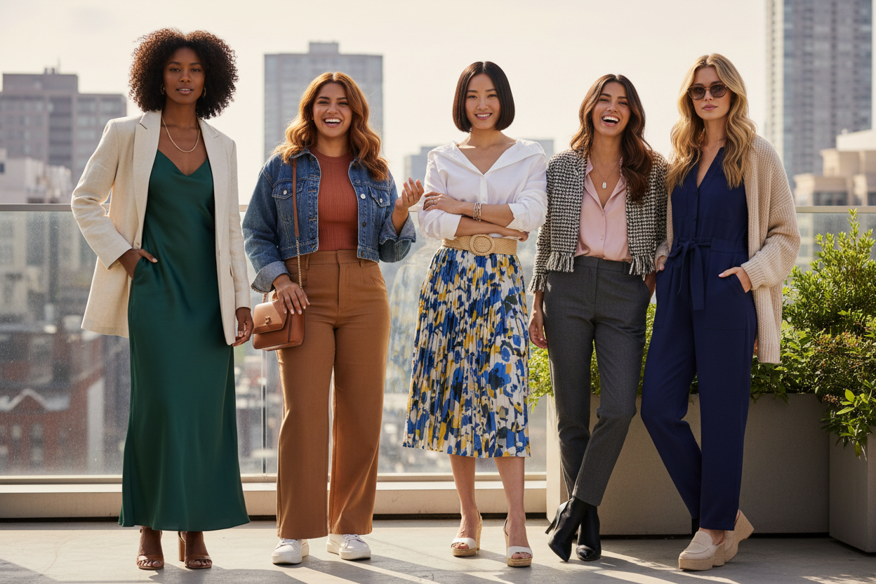 Een afbeelding met 5 vrouwen in kleding van de artikelen die we verkopen in de webshop