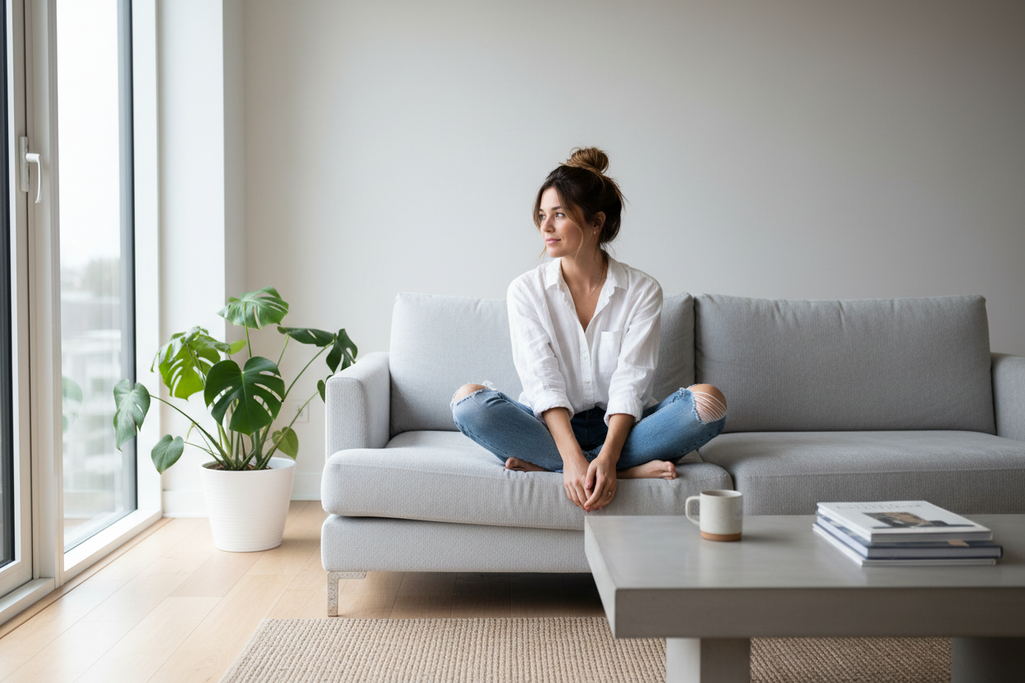 girl sitting in jeans